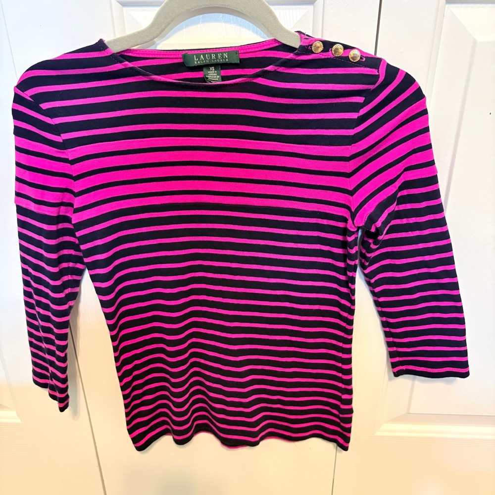 Lauren Ralph Lauren Pink Navy Striped Cotton Boat Neck Top Gold Buttons XS